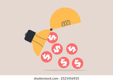 Abra la idea de la bombilla para ganar monedas del dinero. concepto de la idea para hacer dinero, ganando la ganancia, y éxito