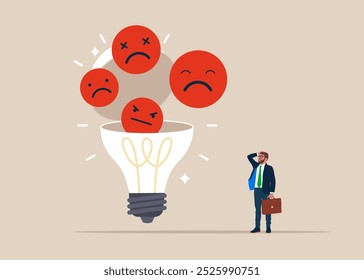 Open lightbulb to see angry faces. Concept of bad new and idea. Burnout from tiring work or demotivation from failure, stress. Flat vector illustration.