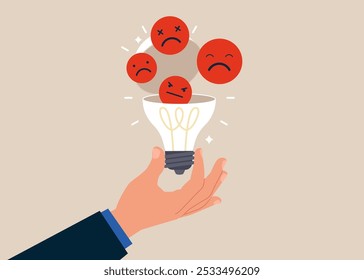 Open lightbulb to see angry faces. Burnout from tiring work or demotivation from failure, stress. Flat vector illustration.