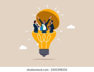 Open lightbulb to see business people. Business people jumping with joy. Vector illustration.