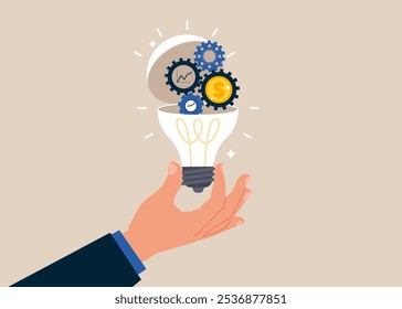 Open lightbulb to see gear cogs to spin time. Effort and time to make money, success long term investment, deadline effect. Flat vector illustration