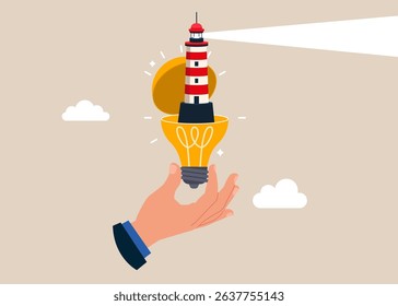 Open lightbulb to see lighthouse. Opportunities for strategic vision, business thinking. Modern vector illustration in flat style. 