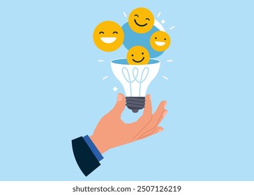 Open lightbulb to see smiling face symbol. Work motivation. Flat vector illustration.