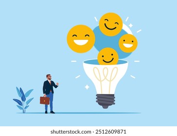 Abra a lâmpada para ver o símbolo da face sorridente. Felicidade do funcionário, satisfação no trabalho, benefício da empresa, atitude positiva. Ilustração de vetor plano.