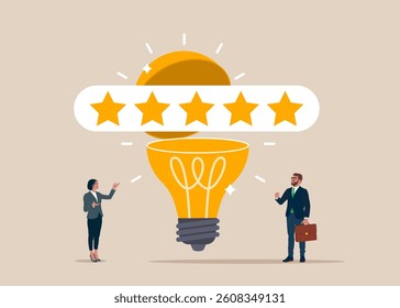 Open lightbulb to see star quality rating. High performance 5 stars rating on customer service. Top rating - Customer review online. Flat vector illustration.