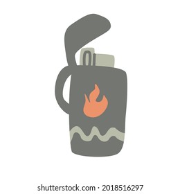 Encendedor abierto decorado con llama. Ilustración vectorial dibujada a mano. Equipo de campamento.
