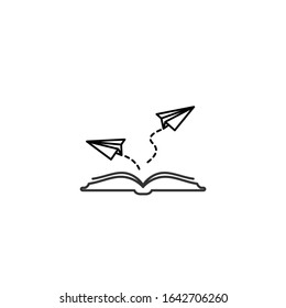 Open Line Book With Paper Planes Flying Out. Isolated On White Background. Flat Vector Reading Icon. Unknown Book Pictogram. Ask Symbol. Curiosity Logo.