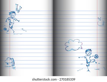 An open lined notebook with blue tint drawings inside: kind playing football, school bag and other sketches