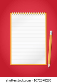 Open lined realistic notepad notebook with spiral and pencil is on red background.