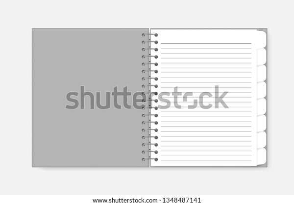 Open lined spiral notebook with index dividers\
- letter size, vector mock-up. Wire bound diary with cut tab\
bookmark pages, template.