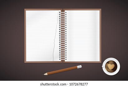 Open lined, torn realistic notepad notebook with spiral and pencil with cup of coffee is on brown background.