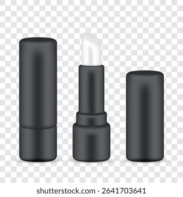 Open lip balm in black tube with separate cap on transparent background, realistic 3D mockup