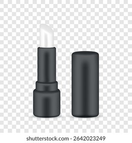 Open lip balm in black tube with cap placed nearby on transparent background, realistic vector mockup