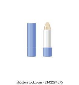 Open lip balm stick or hygienic lipstick in blue container, template per mockup of lip balm realistic vector illustration isolated on white background.