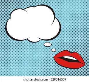 Open lips and speech bubble in pop art style