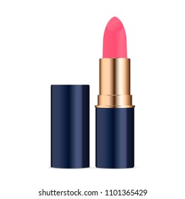 Open lipstick ads vector illustration. Cosmetics package mockup. Realistic 3d image. Pink colour stick.