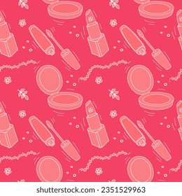 Open lipstick, lip gloss with a soft fluffy brush in a transparent case, necklace and decorative elements colorful vector seamless pattern