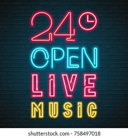 Open Live Music 24 Hours Neon Light Glowing Flat Isolated Graphic Vector Design