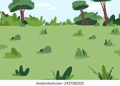 Open location for festival or attraction for weekends. Vector landscape of grass and bushes, trees and empty area free for festivity. Park or space for recreation and fun, picnic or lounge