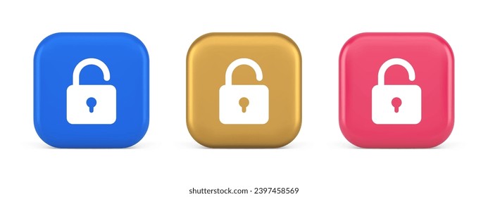 Open lock button cyberspace password security protection service 3d realistic blue gold and pink icons. Padlock accessibility unlock permission digital information safety guard web app