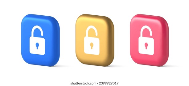 Open lock button cyberspace password security protection service 3d realistic blue gold and pink icons. Padlock accessibility unlock permission digital information safety guard web app