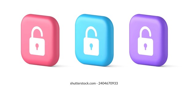 Open lock button cyberspace password security protection service 3d realistic icon