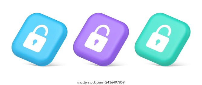 Open lock button cyberspace password security protection service 3d realistic blue purple and green icons. Padlock accessibility unlock digital information safety guard web app