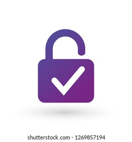 Open Lock and check mark icon isolated on white background. Security check lock sign. Vector Illustration.