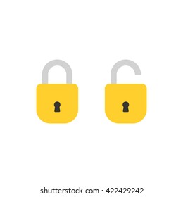 Open lock and close lock flat icons. Silhouette lock. Yellow locks isolated on background. Vector set