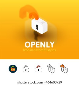 Open lock color icon, vector symbol in flat, outline and isometric style isolated on blur background