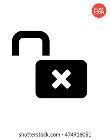 Open lock with cross mark Icon Flat Style Isolated Vector Illustration