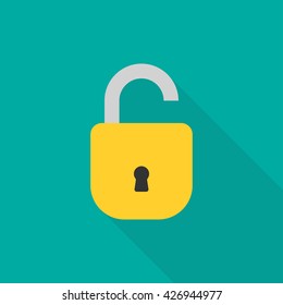 Open lock flat icon. Silhouette lock. Yellow lock isolated on background