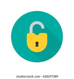 Open lock flat icon. Silhouette lock. Yellow lock isolated on background