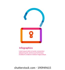 Open lock flat line icon infographic illustration template for web or brochure. Vector illustration. Security and safety concept illustration.