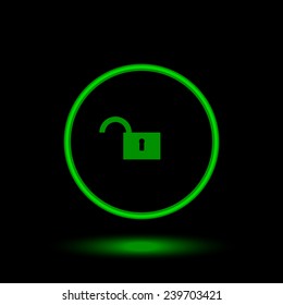 open lock   green circle on a black background, vector, EPS 10