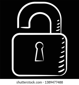 
Open lock hand-drawn white  outline on black background. Stock vector illustration. Settings. Icon. Sketch. Symbol.