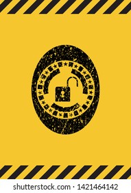 open lock icon black grunge emblem, yellow warning sign. Vector Illustration. Detailed.