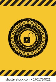 open lock icon black grunge emblem inside yellow warning sign. Vector Illustration. Detailed.