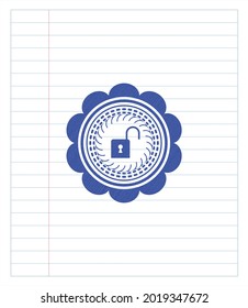 open lock icon draw with pen effect. Blue ink. Vector Illustration. Detailed. 