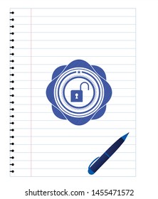 open lock icon drawn with pen strokes. Blue ink. Vector Illustration. Detailed.