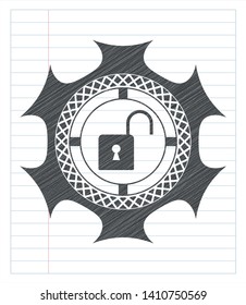 open lock icon emblem drawn in pencil. Vector Illustration. Detailed.