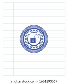open lock icon emblem with pen effect. Blue ink. Vector Illustration. Detailed.