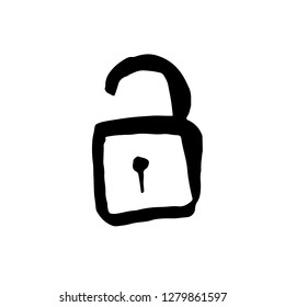Open lock icon. Grunge brush vector illustration.