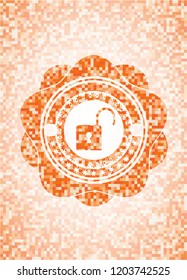 open lock icon inside abstract orange mosaic emblem with background