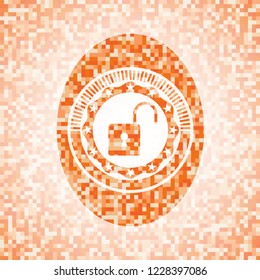 open lock icon inside abstract orange mosaic emblem with background