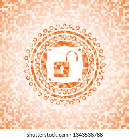 open lock icon inside abstract orange mosaic emblem