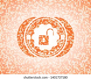 open lock icon inside abstract emblem, orange mosaic background