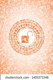 open lock icon inside abstract orange mosaic emblem with background