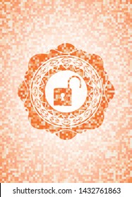 open lock icon inside abstract orange mosaic emblem with background