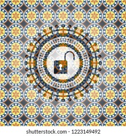 open lock icon inside arabesque badge. arabic decoration.